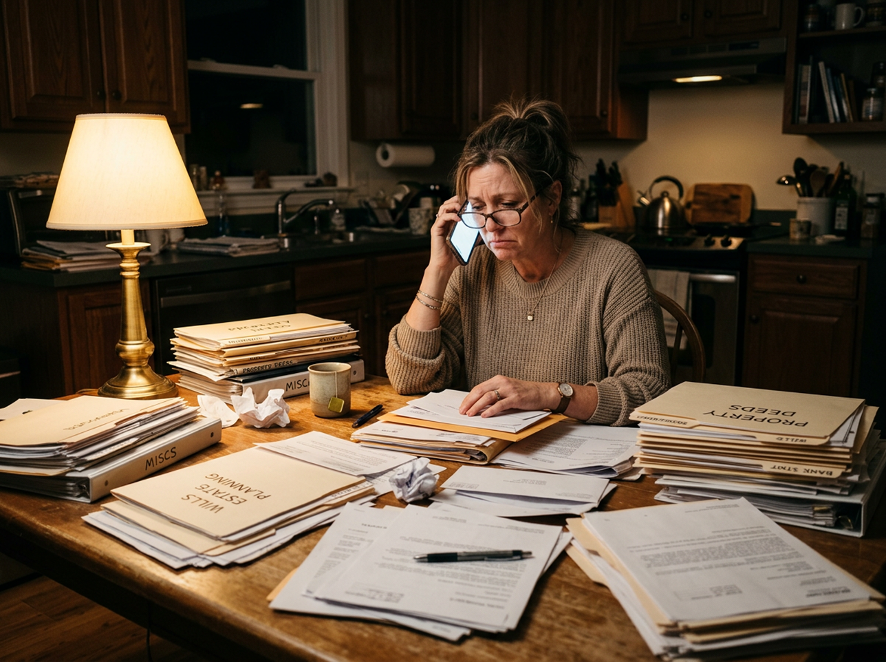 Person overwhelmed by paperwork at a kitchen table Person overwhelmed by paperwork at a kitchen table